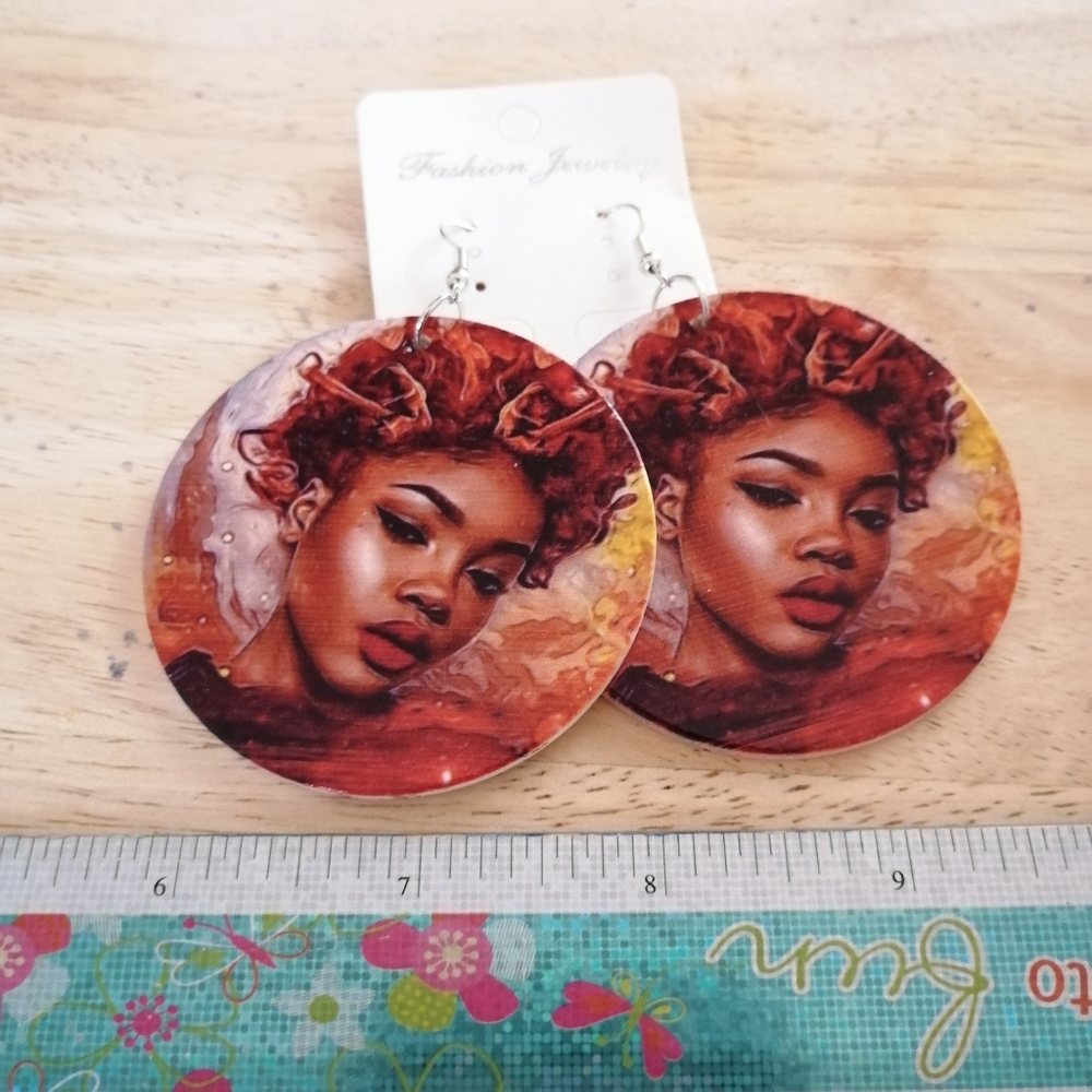 African Women Painted Wood Round Earrings